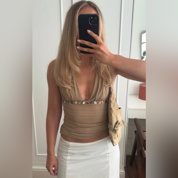 Zara NWT Bohemian Beach Resort Wear Tan V Neck Sea Shell Halter Top (Medium) - Picture 5 of 7